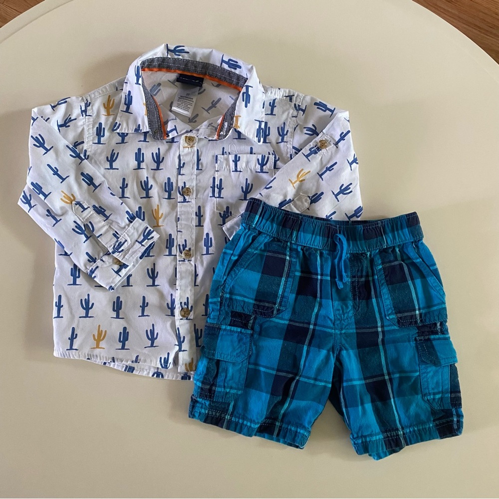 3T Boy’s Cactus Print Shirt and Plaid Shorts Set